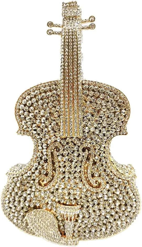 Women Fancy Violin Shaped Crystal Clutch Purse Brilliant Gemstones Evening Bag for Concert Dancing Party