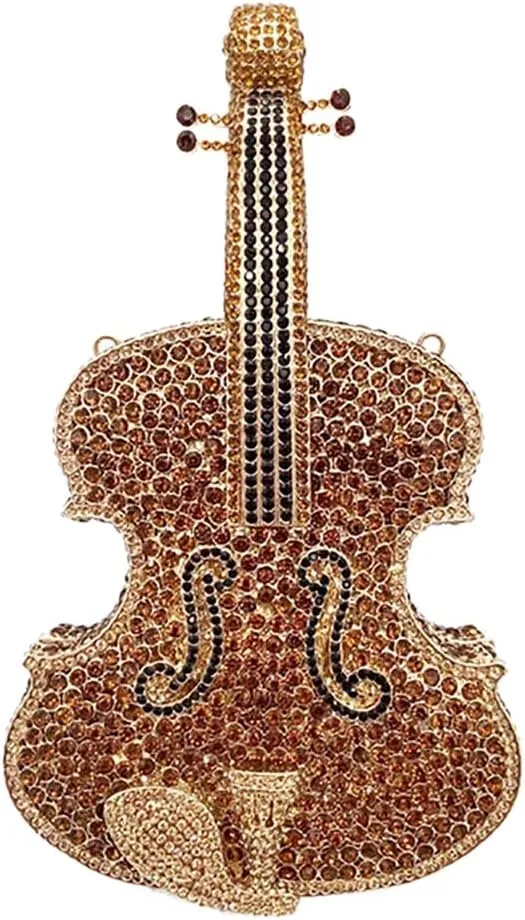 Women Fancy Violin Shaped Crystal Clutch Purse Brilliant Gemstones Evening Bag for Concert Dancing Party