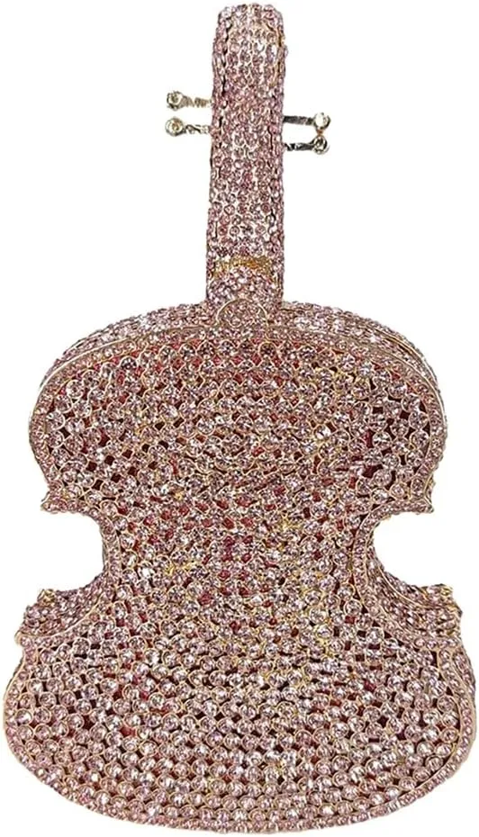 Women Fancy Violin Shaped Crystal Clutch Purse Brilliant Gemstones Evening Bag for Concert Dancing Party