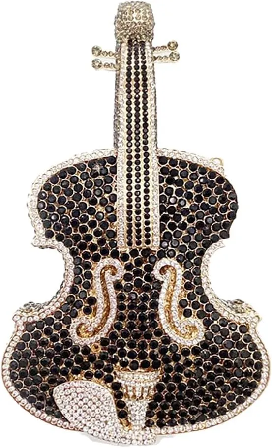 Women Fancy Violin Shaped Crystal Clutch Purse Brilliant Gemstones Evening Bag for Concert Dancing Party