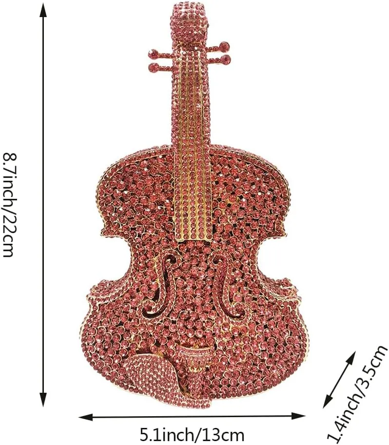 Women Fancy Violin Shaped Crystal Clutch Purse Brilliant Gemstones Evening Bag for Concert Dancing Party