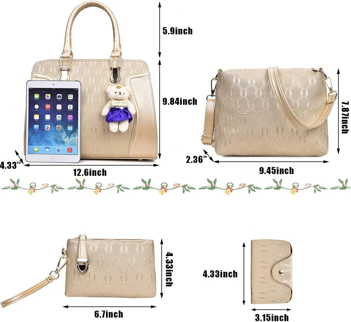 Women Fashion Handbags and Purses 4pcs Set Synthetic Leather Top Handle Satchel Shoulder Bag for Christmas
