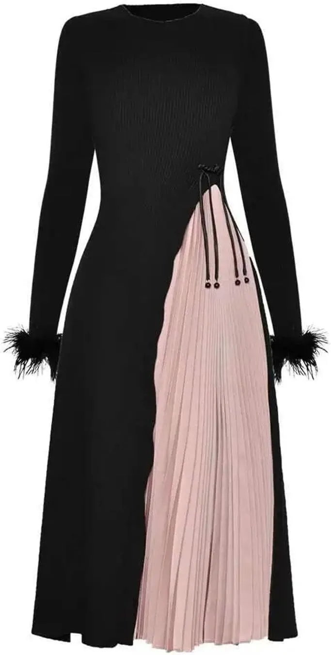 Women Feather Patchwork Knit Pleated Dress Long Sleeve Crew Neck High Waist Evening Dresses