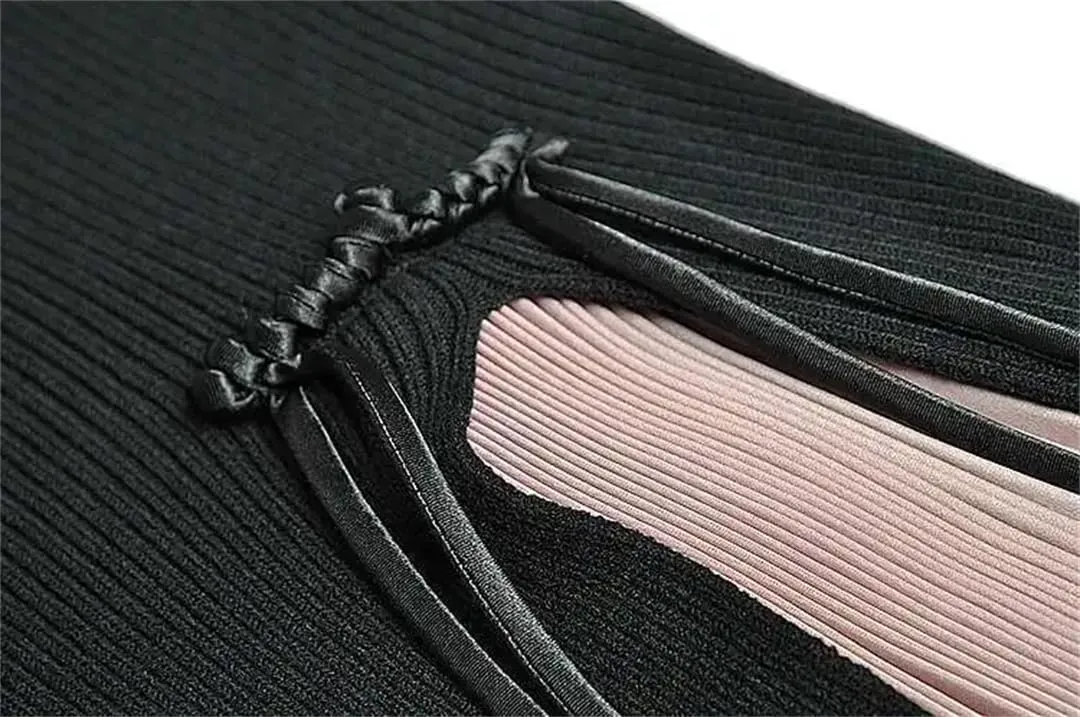 Women Feather Patchwork Knit Pleated Dress Long Sleeve Crew Neck High Waist Evening Dresses