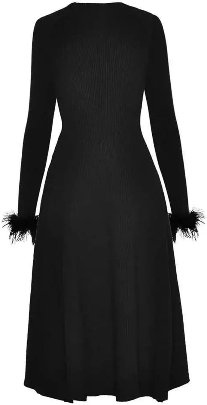Women Feather Patchwork Knit Pleated Dress Long Sleeve Crew Neck High Waist Evening Dresses
