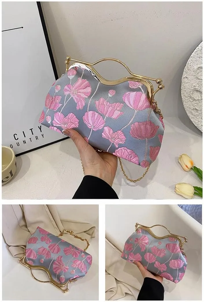 Women Floral Embroidery Evening Clutch Top-Handle Kiss Lock Handbag Chain Wedding Party Formal Bag
