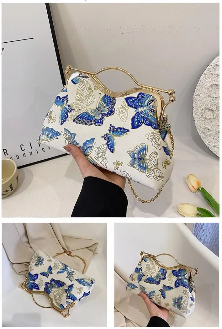 Women Floral Embroidery Evening Clutch Top-Handle Kiss Lock Handbag Chain Wedding Party Formal Bag