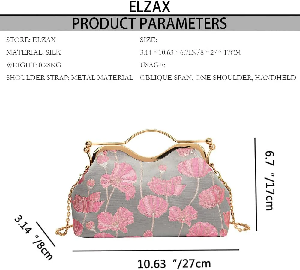 Women Floral Embroidery Evening Clutch Top-Handle Kiss Lock Handbag Chain Wedding Party Formal Bag