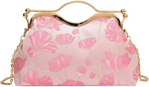 Women Floral Embroidery Evening Clutch Top-Handle Kiss Lock Handbag Chain Wedding Party Formal Bag