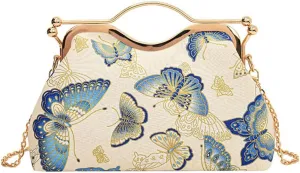 Women Floral Embroidery Evening Clutch Top-Handle Kiss Lock Handbag Chain Wedding Party Formal Bag