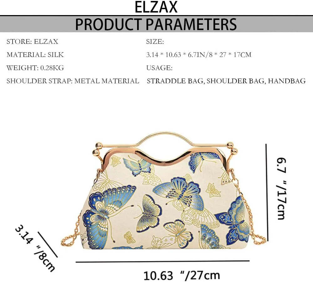 Women Floral Embroidery Evening Clutch Top-Handle Kiss Lock Handbag Chain Wedding Party Formal Bag