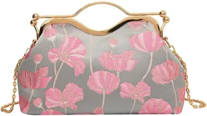 Women Floral Embroidery Evening Clutch Top-Handle Kiss Lock Handbag Chain Wedding Party Formal Bag