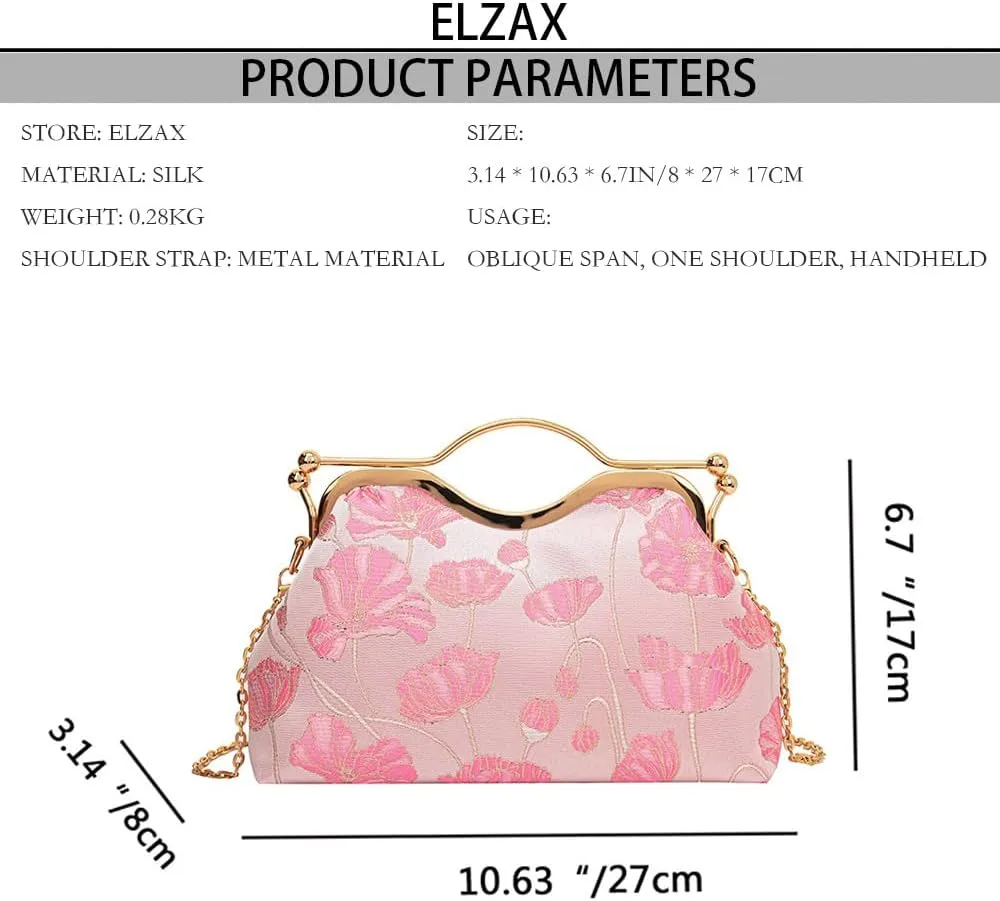 Women Floral Embroidery Evening Clutch Top-Handle Kiss Lock Handbag Chain Wedding Party Formal Bag