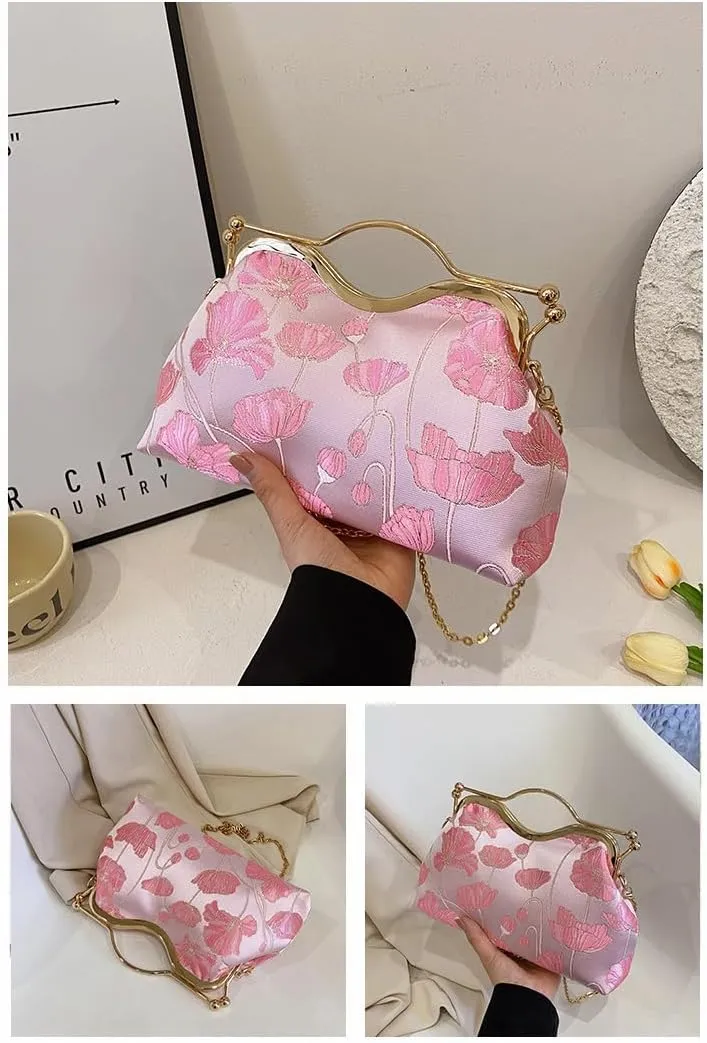 Women Floral Embroidery Evening Clutch Top-Handle Kiss Lock Handbag Chain Wedding Party Formal Bag
