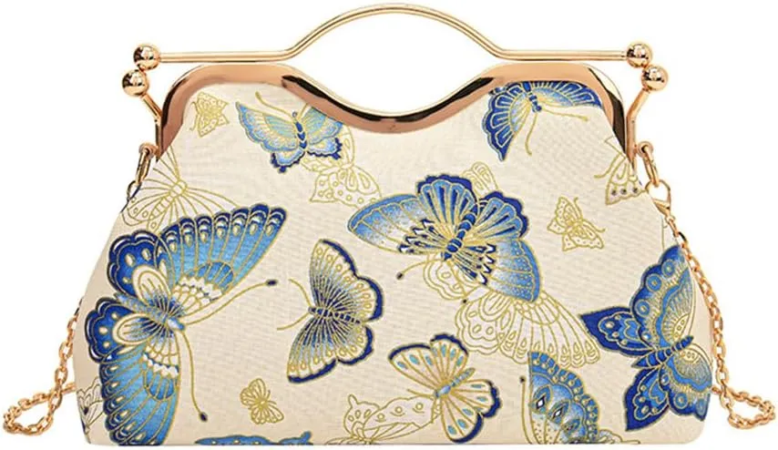 Women Floral Embroidery Evening Clutch Top-Handle Kiss Lock Handbag Chain Wedding Party Formal Bag