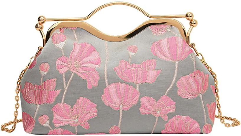 Women Floral Embroidery Evening Clutch Top-Handle Kiss Lock Handbag Chain Wedding Party Formal Bag
