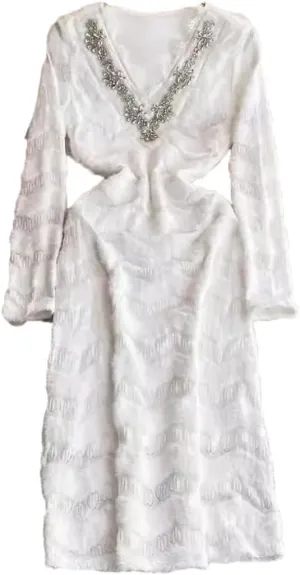 Women Flower Embroidery Lace Long Dresses Long Sleeve Hollow Pencil Midi Party Dresses