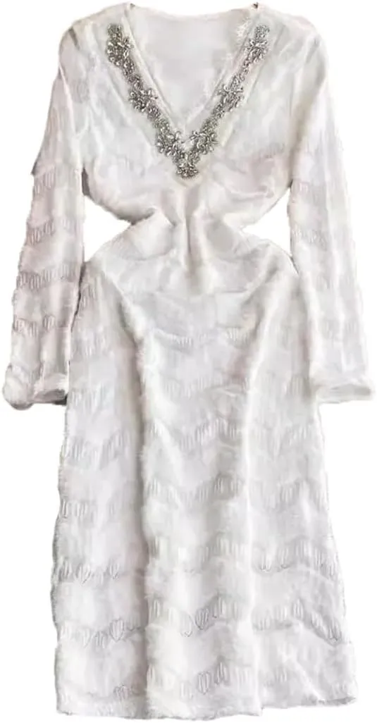 Women Flower Embroidery Lace Long Dresses Long Sleeve Hollow Pencil Midi Party Dresses