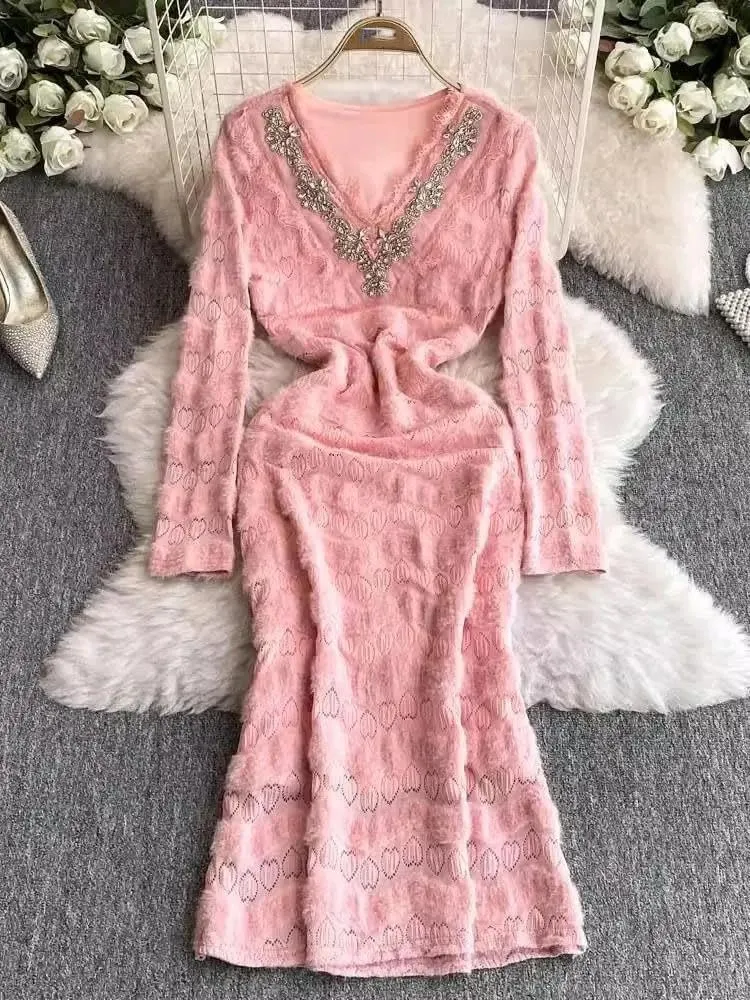 Women Flower Embroidery Lace Long Dresses Long Sleeve Hollow Pencil Midi Party Dresses