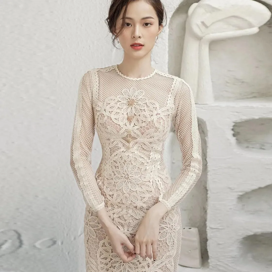 Women Flower Embroidery Lace Prom Dress Long Sleeve Rhinestones Bead Bodycon Party Dresses