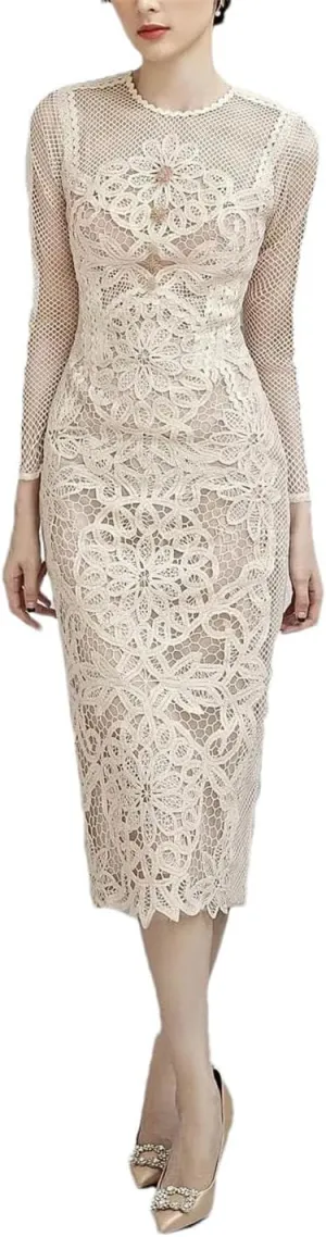 Women Flower Embroidery Lace Prom Dress Long Sleeve Rhinestones Bead Bodycon Party Dresses