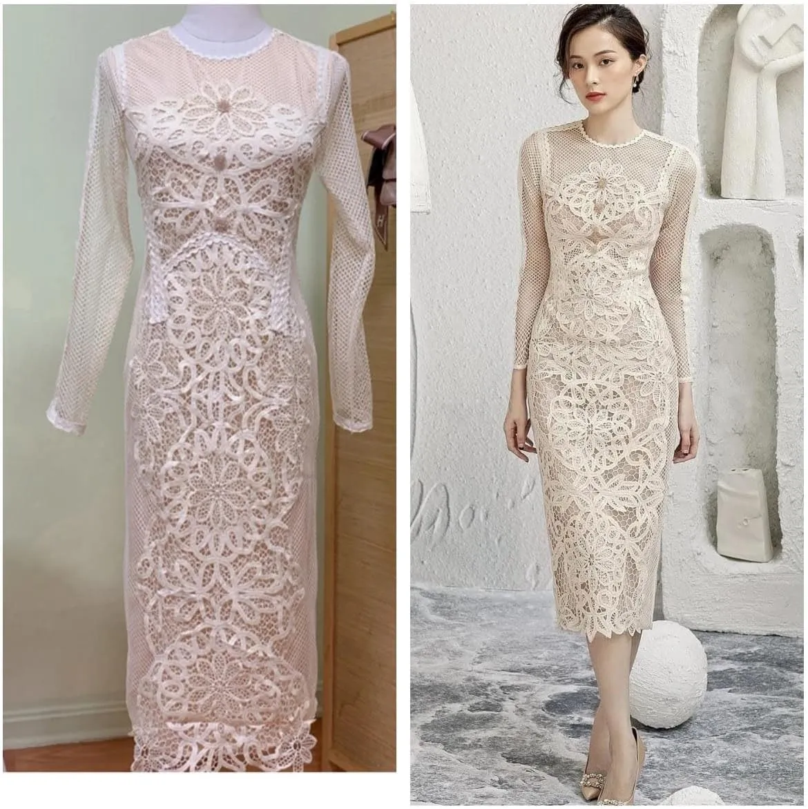 Women Flower Embroidery Lace Prom Dress Long Sleeve Rhinestones Bead Bodycon Party Dresses