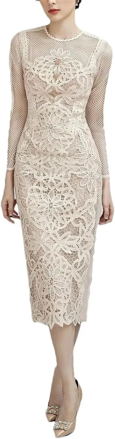 Women Flower Embroidery Lace Prom Dress Long Sleeve Rhinestones Bead Bodycon Party Dresses