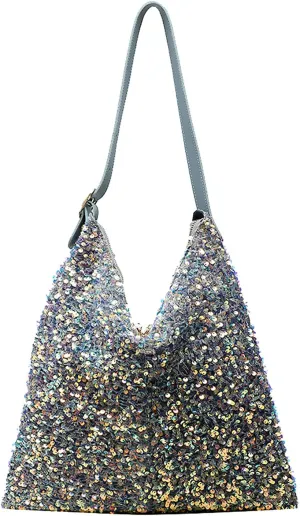 Women Glitter Sequin Shoulder Tote Bag Girls Large Capacity Shiny Shopping Bag Pouch
