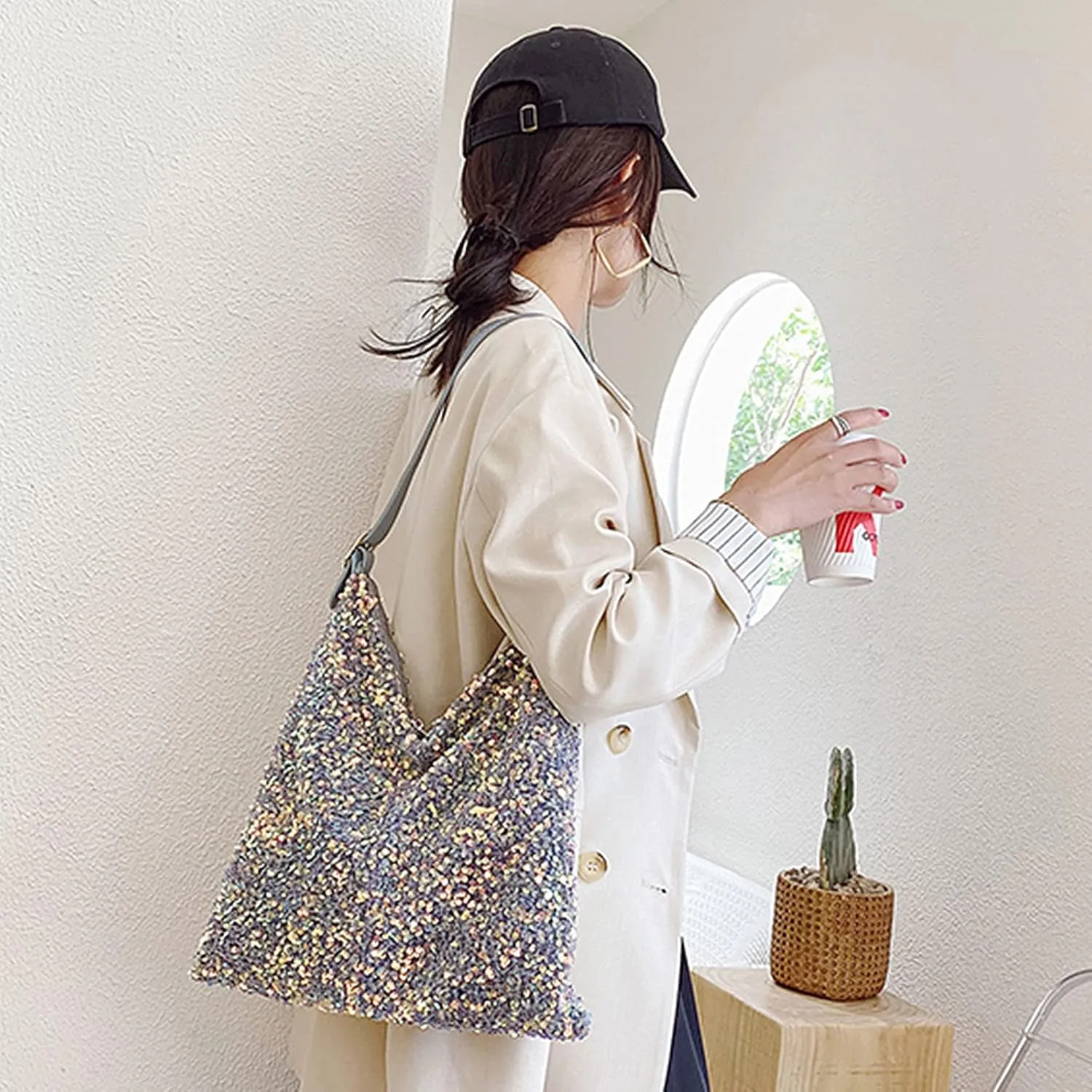 Women Glitter Sequin Shoulder Tote Bag Girls Large Capacity Shiny Shopping Bag Pouch