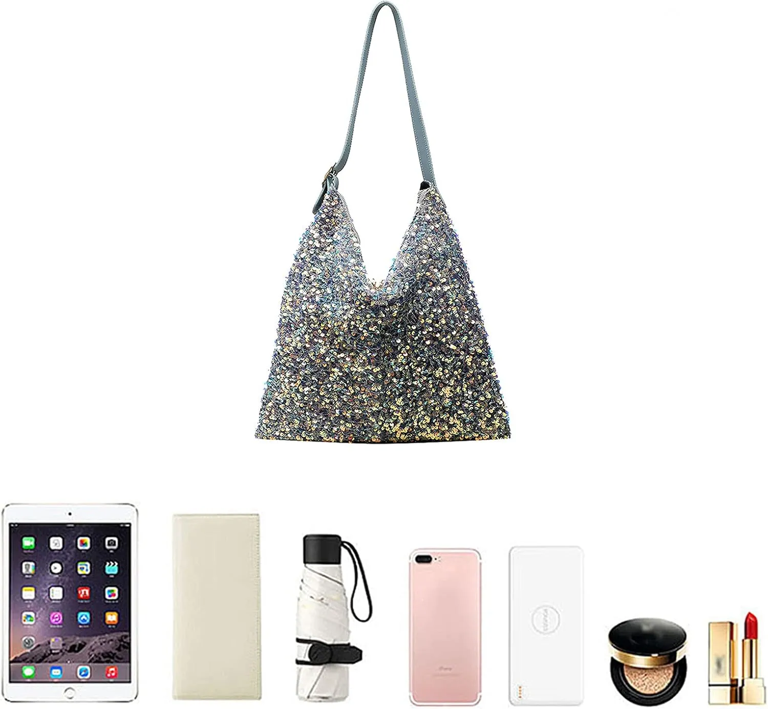Women Glitter Sequin Shoulder Tote Bag Girls Large Capacity Shiny Shopping Bag Pouch