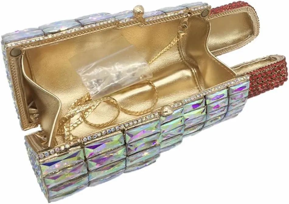 Women Glittering Lipstick Evening Bag Rhinestone Crystal Evening Clutch Vintage Wedding Party Prom Handbag Purses
