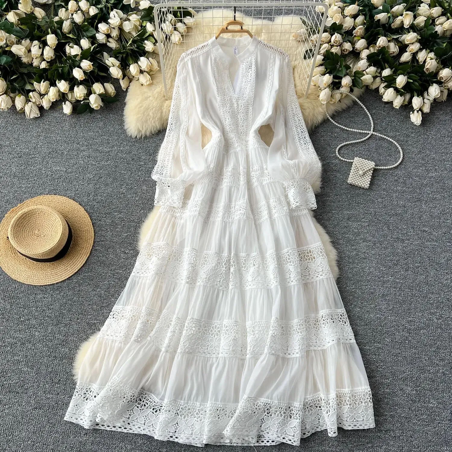 Women Holiday Long Sleeve Midi Dress Embroidery Prom Patchwork Lace A Line Dresses Hollow Party Dress