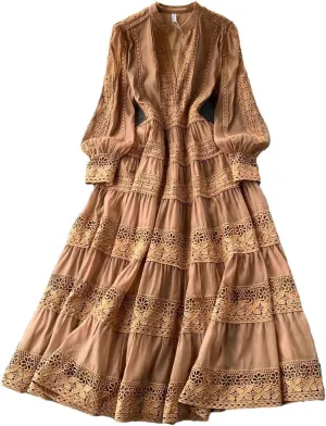 Women Holiday Long Sleeve Midi Dress Embroidery Prom Patchwork Lace A Line Dresses Hollow Party Dress