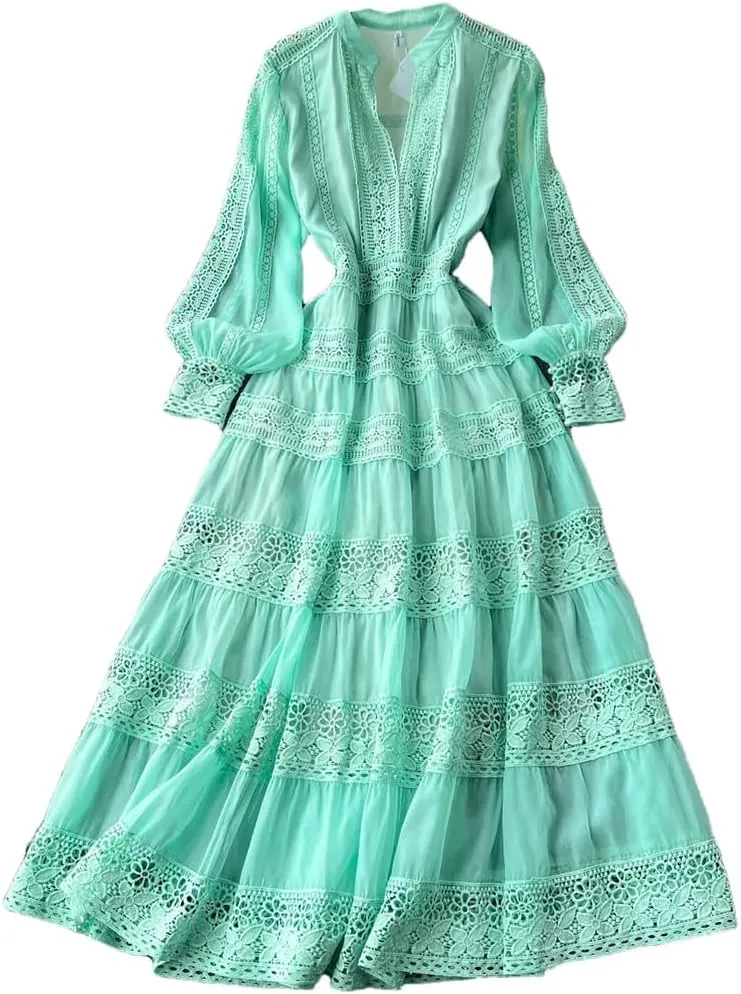 Women Holiday Long Sleeve Midi Dress Embroidery Prom Patchwork Lace A Line Dresses Hollow Party Dress