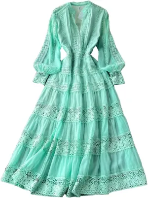 Women Holiday Long Sleeve Midi Dress Embroidery Prom Patchwork Lace A Line Dresses Hollow Party Dress