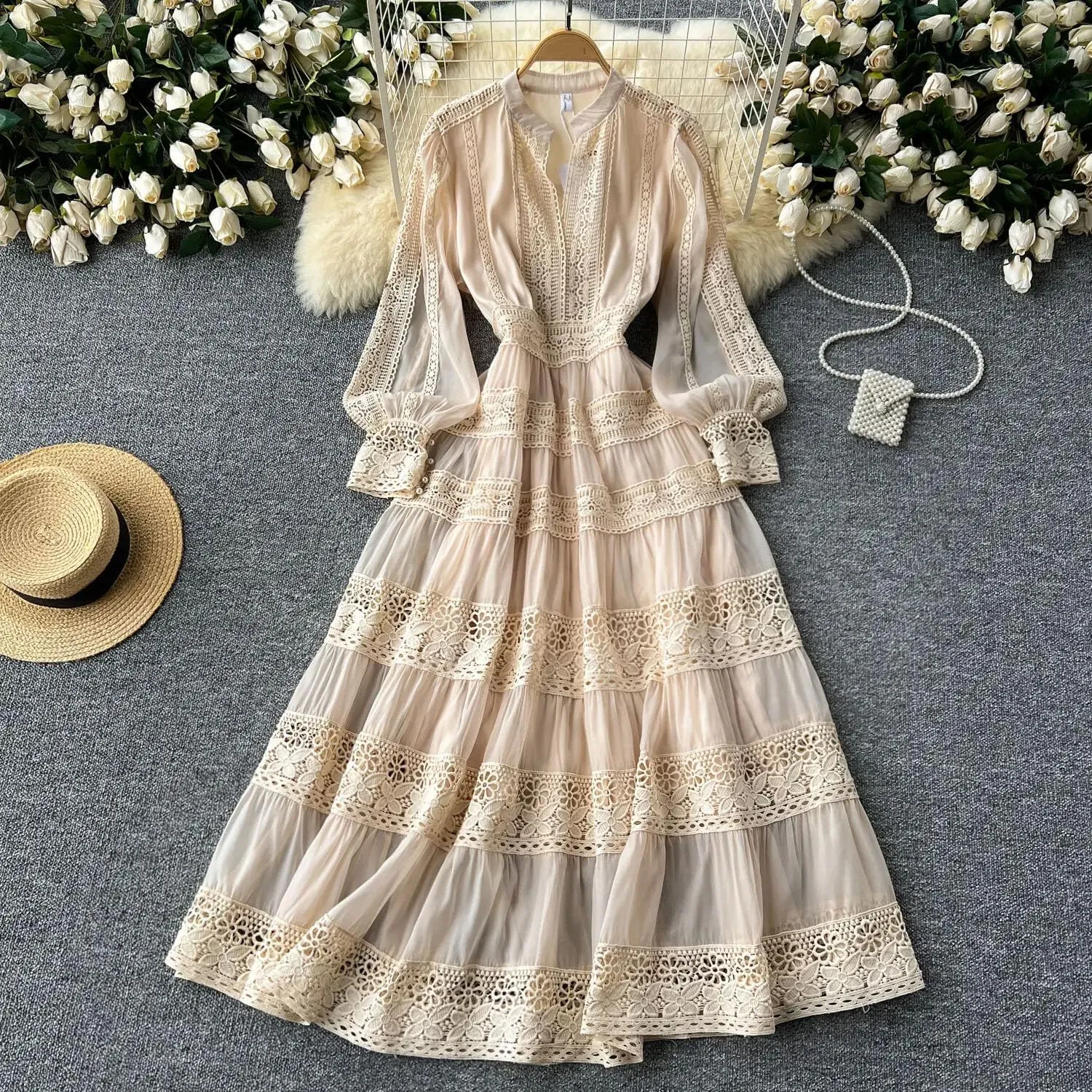 Women Holiday Long Sleeve Midi Dress Embroidery Prom Patchwork Lace A Line Dresses Hollow Party Dress