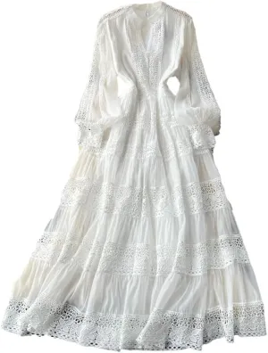 Women Holiday Long Sleeve Midi Dress Embroidery Prom Patchwork Lace A Line Dresses Hollow Party Dress