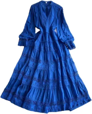Women Holiday Long Sleeve Midi Dress Embroidery Prom Patchwork Lace A Line Dresses Hollow Party Dress