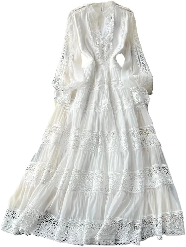 Women Holiday Long Sleeve Midi Dress Embroidery Prom Patchwork Lace A Line Dresses Hollow Party Dress