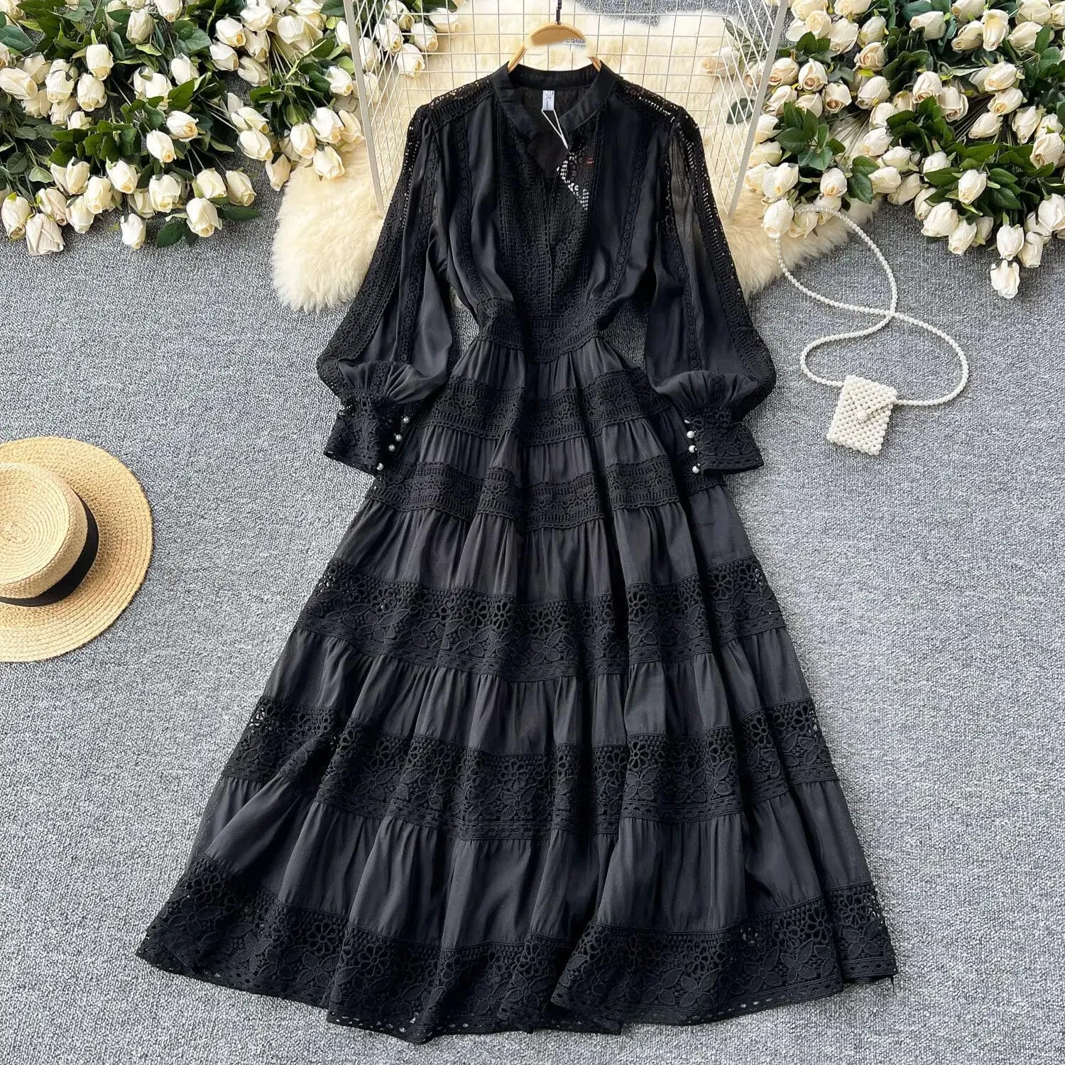 Women Holiday Long Sleeve Midi Dress Embroidery Prom Patchwork Lace A Line Dresses Hollow Party Dress