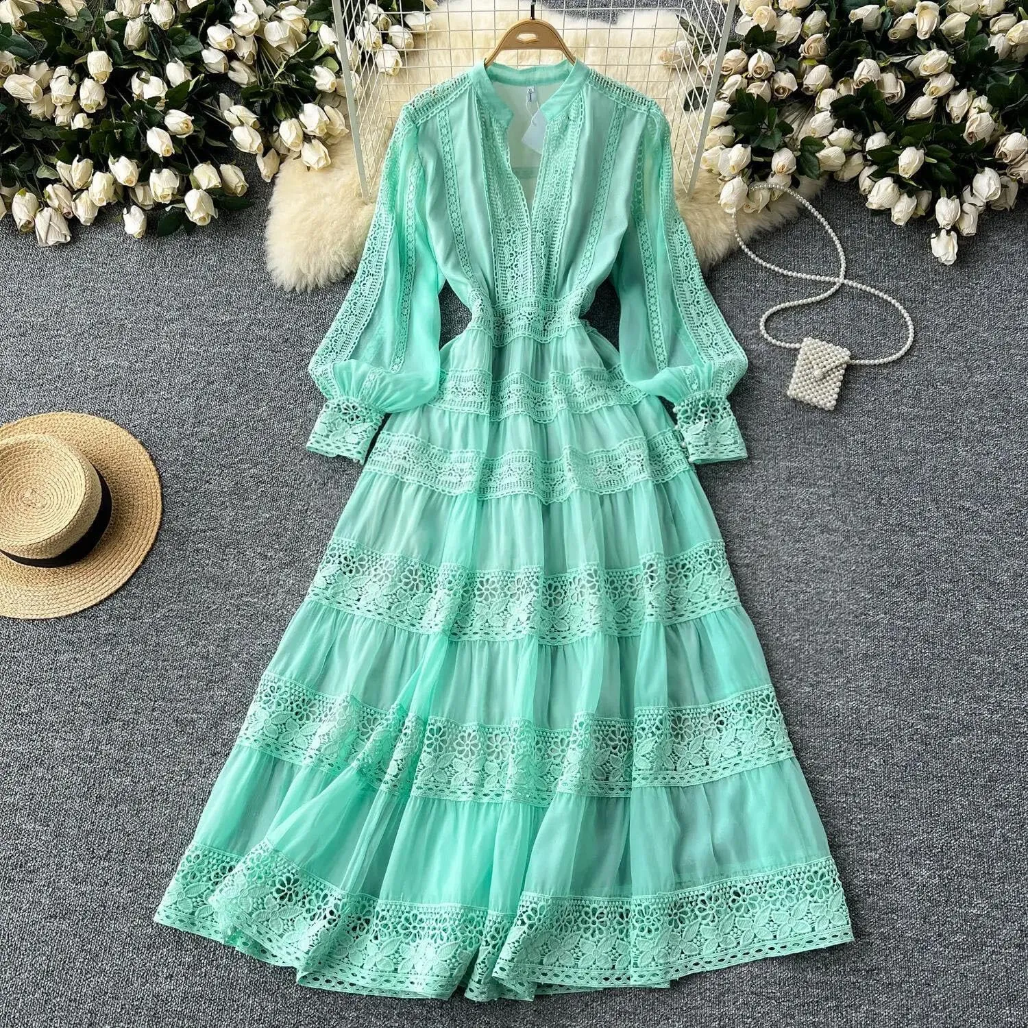 Women Holiday Long Sleeve Midi Dress Embroidery Prom Patchwork Lace A Line Dresses Hollow Party Dress