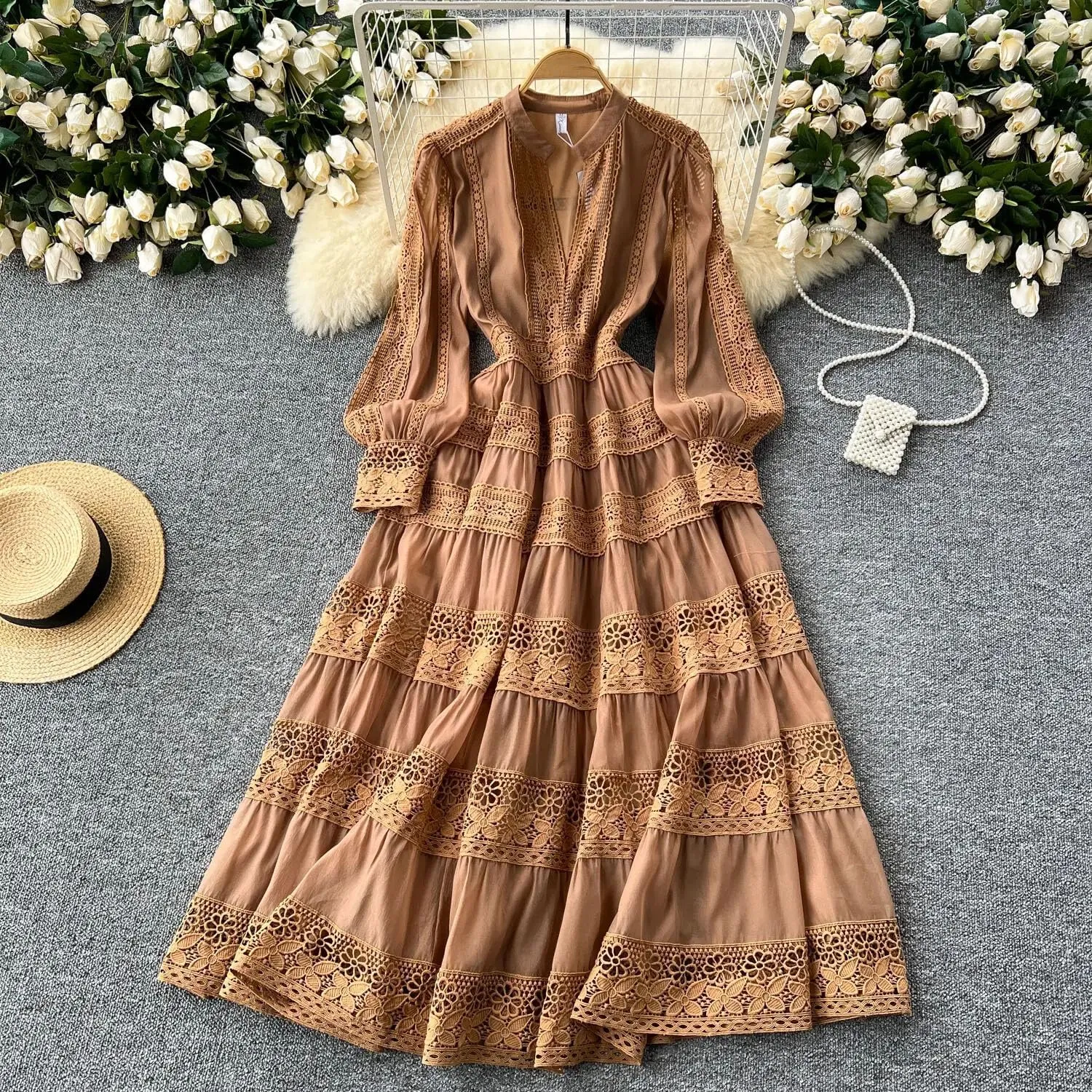Women Holiday Long Sleeve Midi Dress Embroidery Prom Patchwork Lace A Line Dresses Hollow Party Dress
