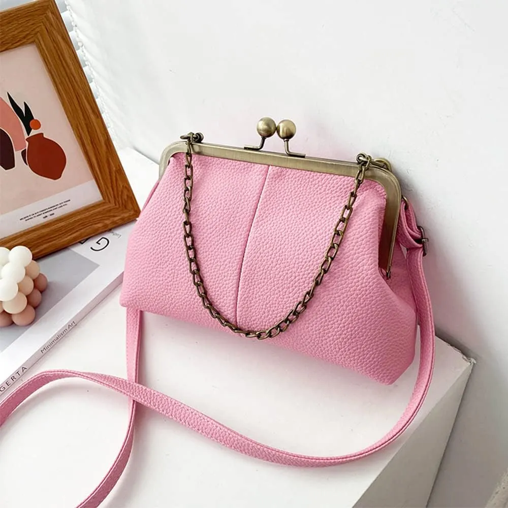 Women Kiss Lock Tote Handbag Classical Retro Shoulder Purses Chain Strap Clutch