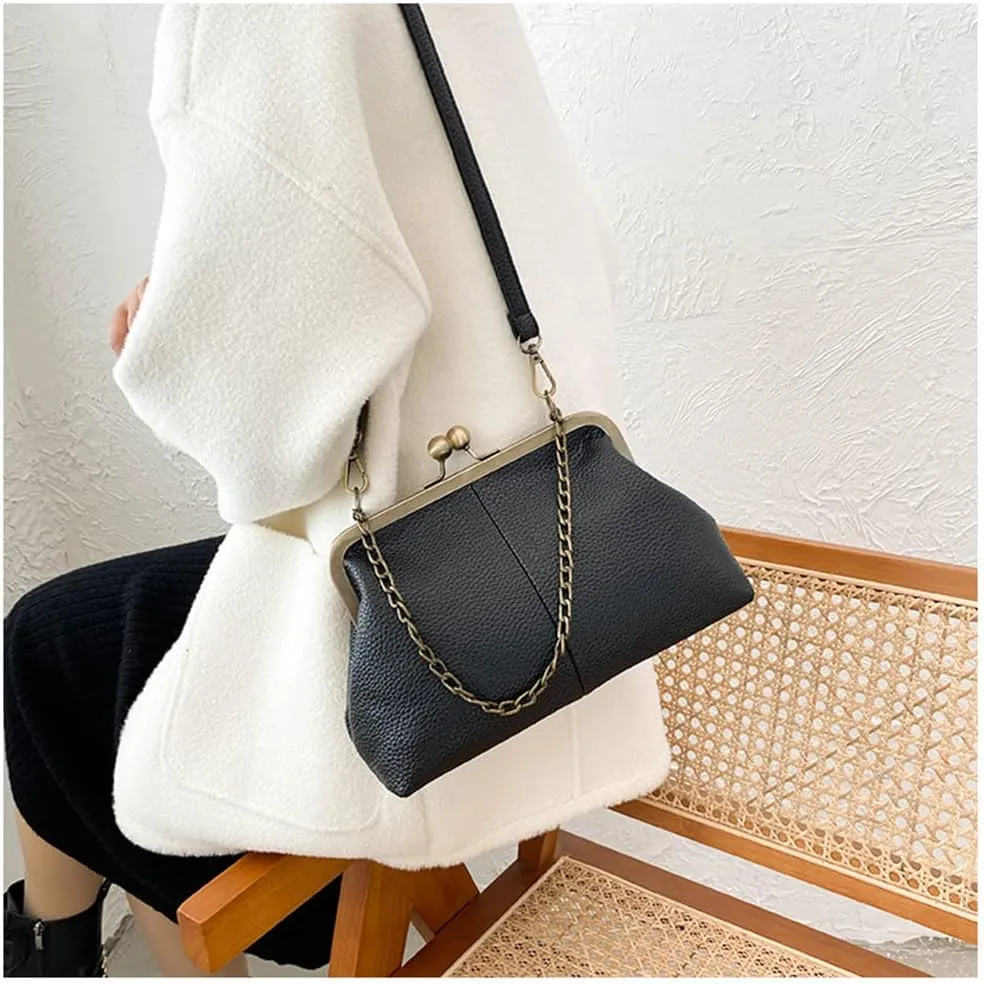 Women Kiss Lock Tote Handbag Classical Retro Shoulder Purses Chain Strap Clutch