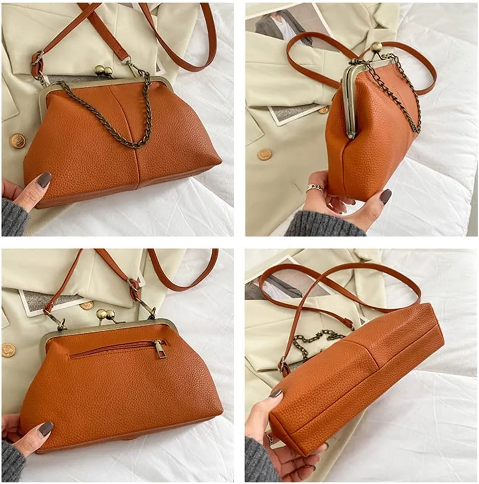 Women Kiss Lock Tote Handbag Classical Retro Shoulder Purses Chain Strap Clutch