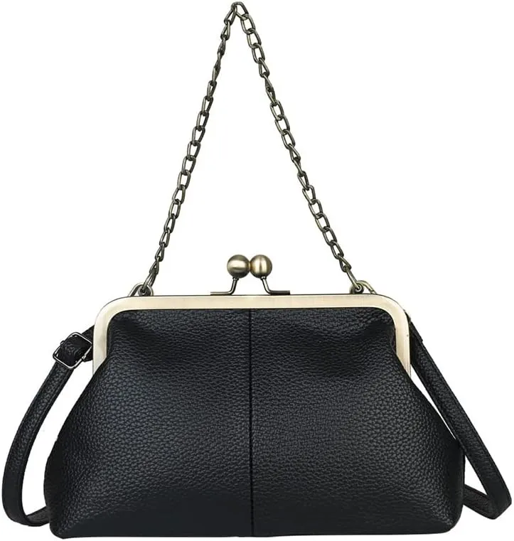 Women Kiss Lock Tote Handbag Classical Retro Shoulder Purses Chain Strap Clutch