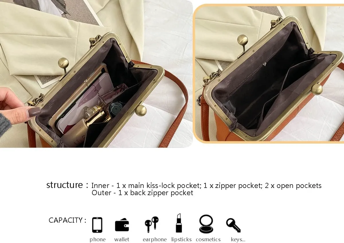 Women Kiss Lock Tote Handbag Classical Retro Shoulder Purses Chain Strap Clutch