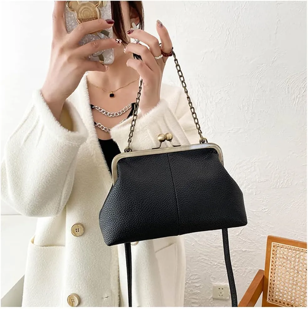 Women Kiss Lock Tote Handbag Classical Retro Shoulder Purses Chain Strap Clutch