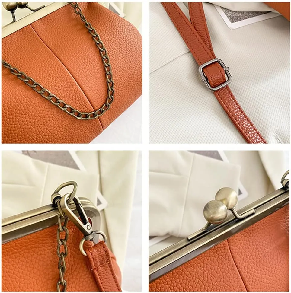 Women Kiss Lock Tote Handbag Classical Retro Shoulder Purses Chain Strap Clutch