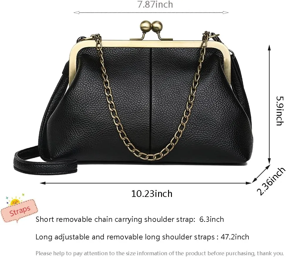 Women Kiss Lock Tote Handbag Classical Retro Shoulder Purses Chain Strap Clutch
